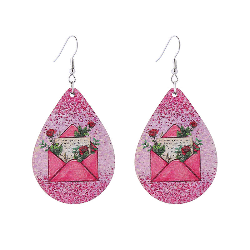 Wholesale Leopard Print Heart Pink Envelope Valentine's Day Wooden Earrings